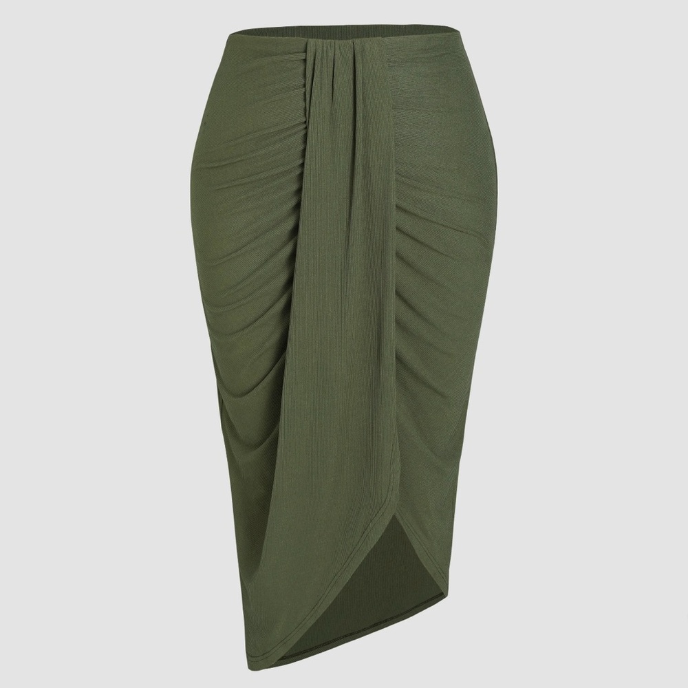 RIB SOLID RUCHED SLIT MIDI SKIRT CURVE & PLUS
